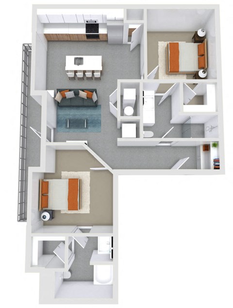 Floor plan for 2 beds, 2 baths, 1083 sqft